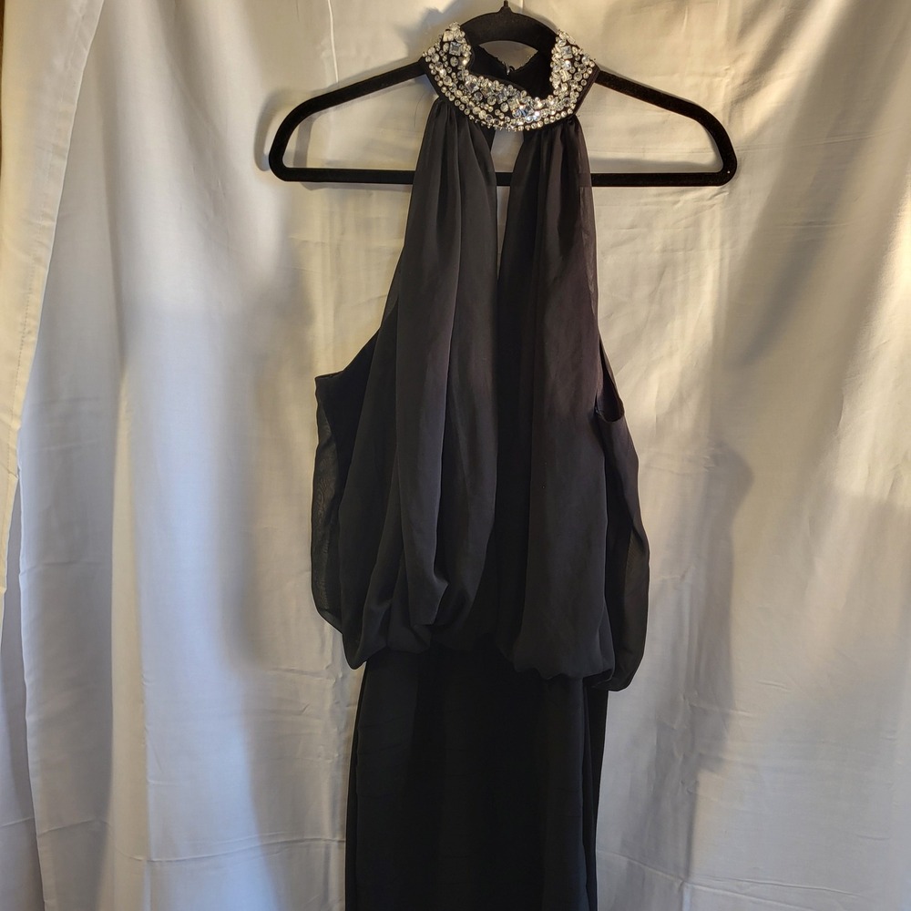 Bisou Bisou Black Beaded Halter‎ Neck Chiffon Overlay Dress Size 10